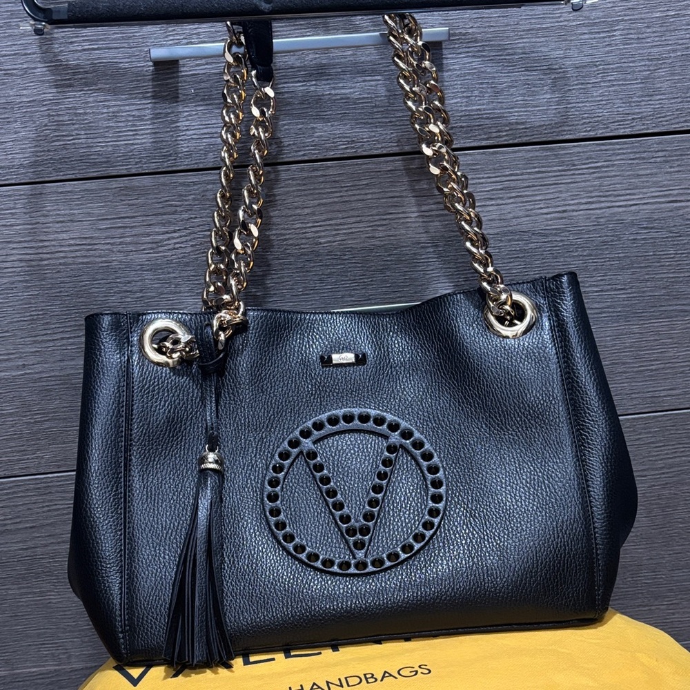 Valentino By Mario Valentino Black Leather Shoulder Bag with Gold Chain